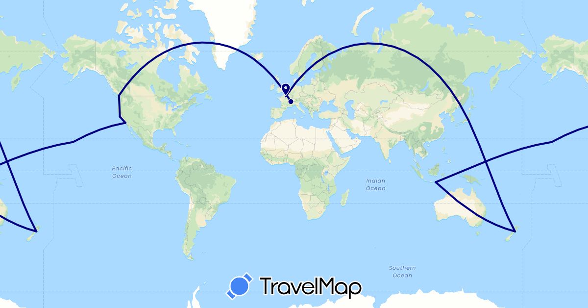 TravelMap itinerary: driving in Canada, Switzerland, France, Indonesia, Iceland, Japan, New Zealand, United States (Asia, Europe, North America, Oceania)